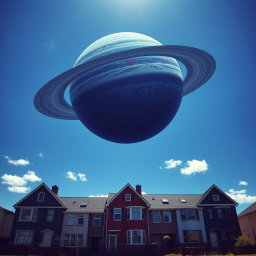 On Earth, there are five-story panel houses under a bright blue sky with sparse clouds
