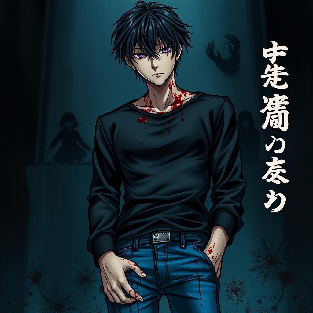 A horror light novel cover featuring a male character with shaggy black hair and striking amethyst eyes