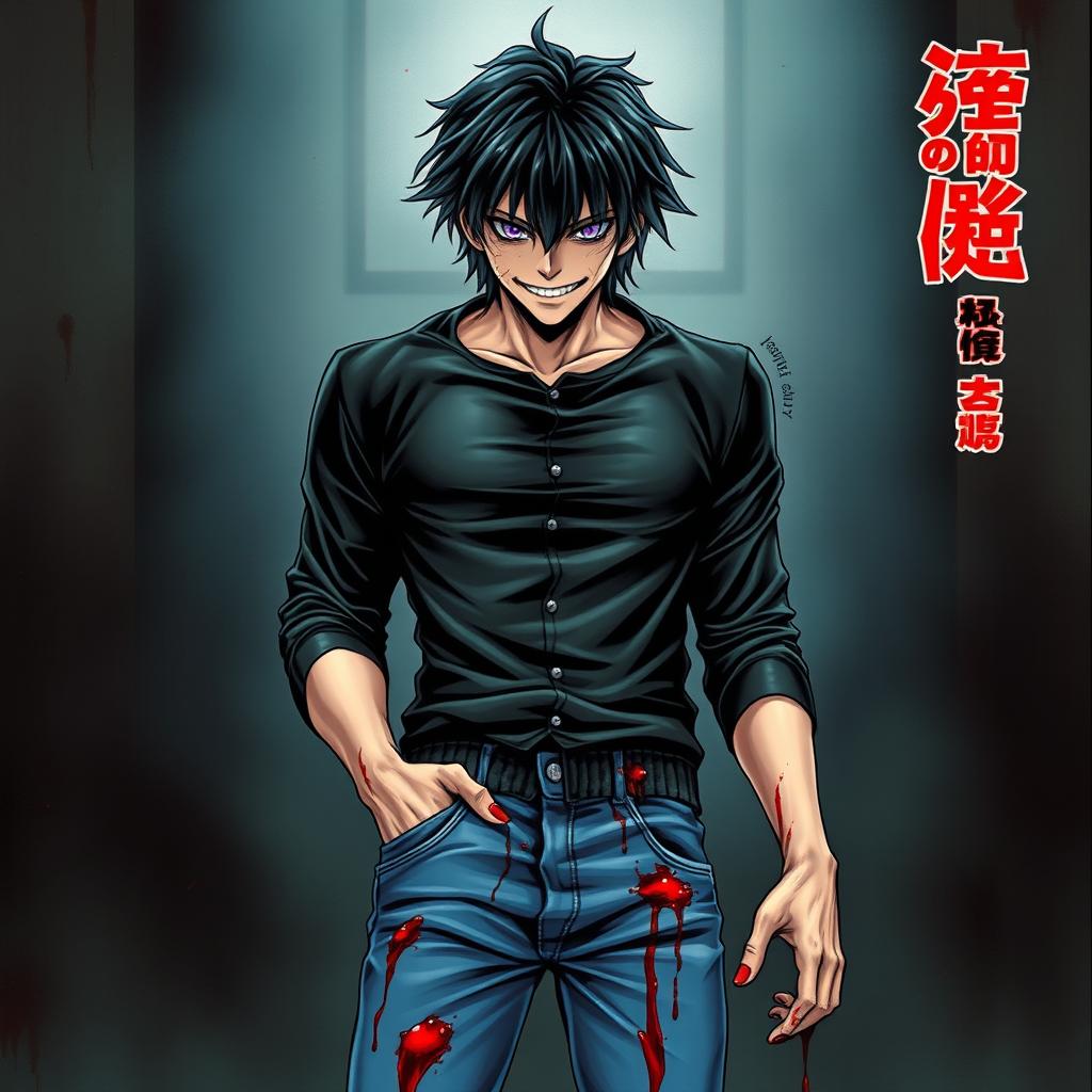 A horror light novel cover featuring a male character with shaggy black hair and striking amethyst eyes