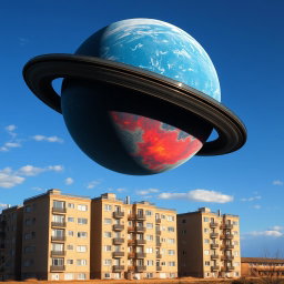A scene depicting five-story panel apartment buildings standing on Earth under a blue sky with sparse clouds