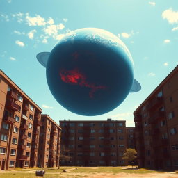A scene depicting five-story panel apartment buildings standing on Earth under a blue sky with sparse clouds