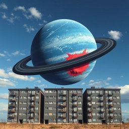A scene depicting five-story panel apartment buildings standing on Earth under a blue sky with sparse clouds