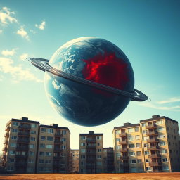 A scene depicting five-story panel apartment buildings standing on Earth under a blue sky with sparse clouds