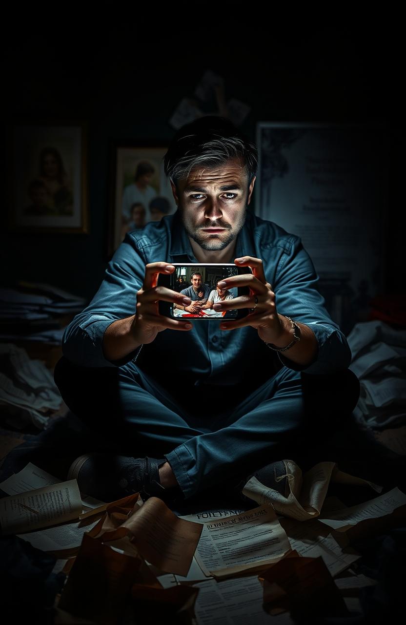 A dark and suspenseful scene depicting a failing writer sitting in a dimly lit room, surrounded by scattered papers and crumpled drafts, showcasing his struggle with creativity