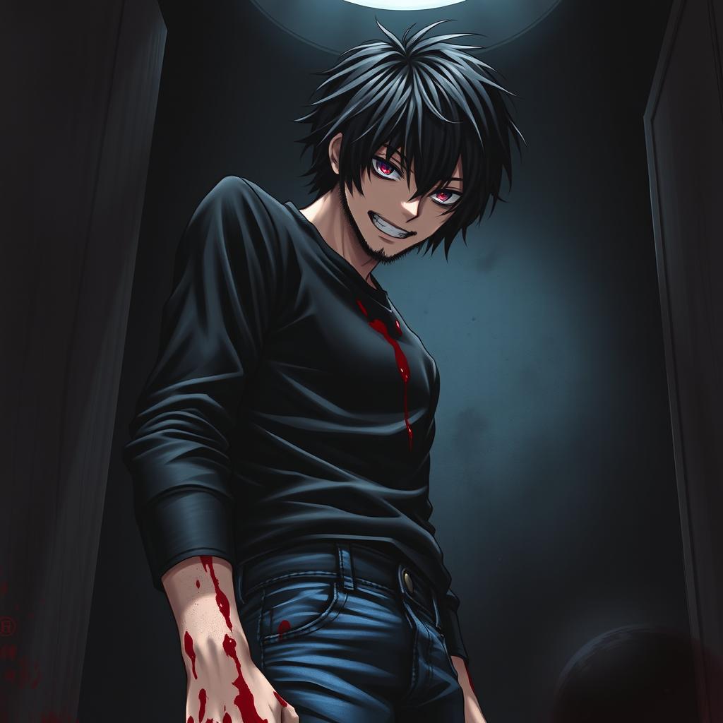 A horror light novel cover featuring a male character with shaggy black hair and striking amethyst eyes, wearing a black long-sleeved shirt and blue jeans that are drenched in blood