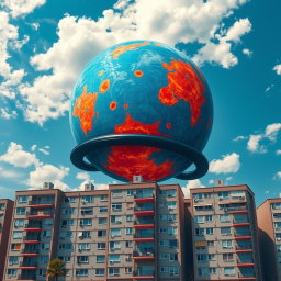 A vibrant and detailed scene depicting five-story panel apartment buildings on Earth
