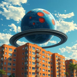 A vibrant and detailed scene depicting five-story panel apartment buildings on Earth