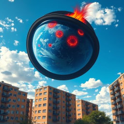 A vibrant and detailed scene depicting five-story panel apartment buildings on Earth