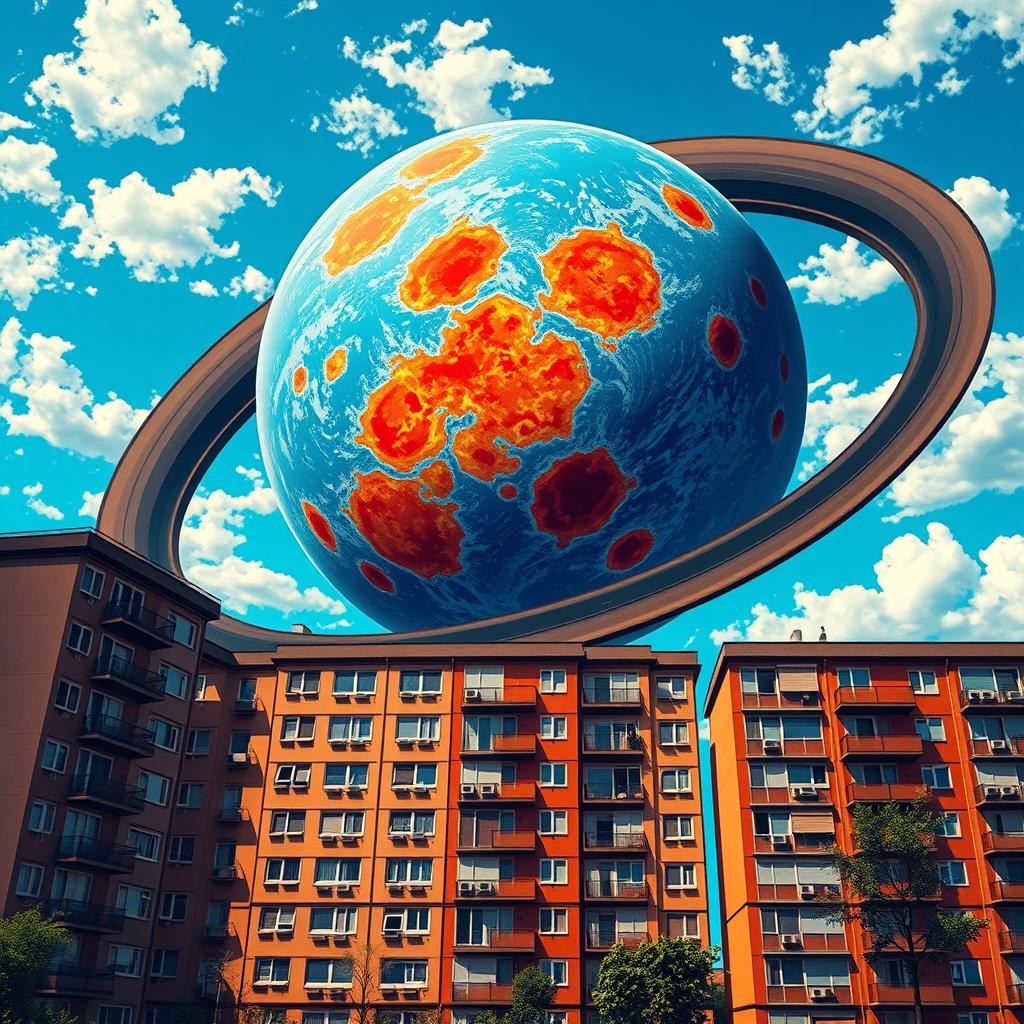 A vibrant and detailed scene depicting five-story panel apartment buildings on Earth