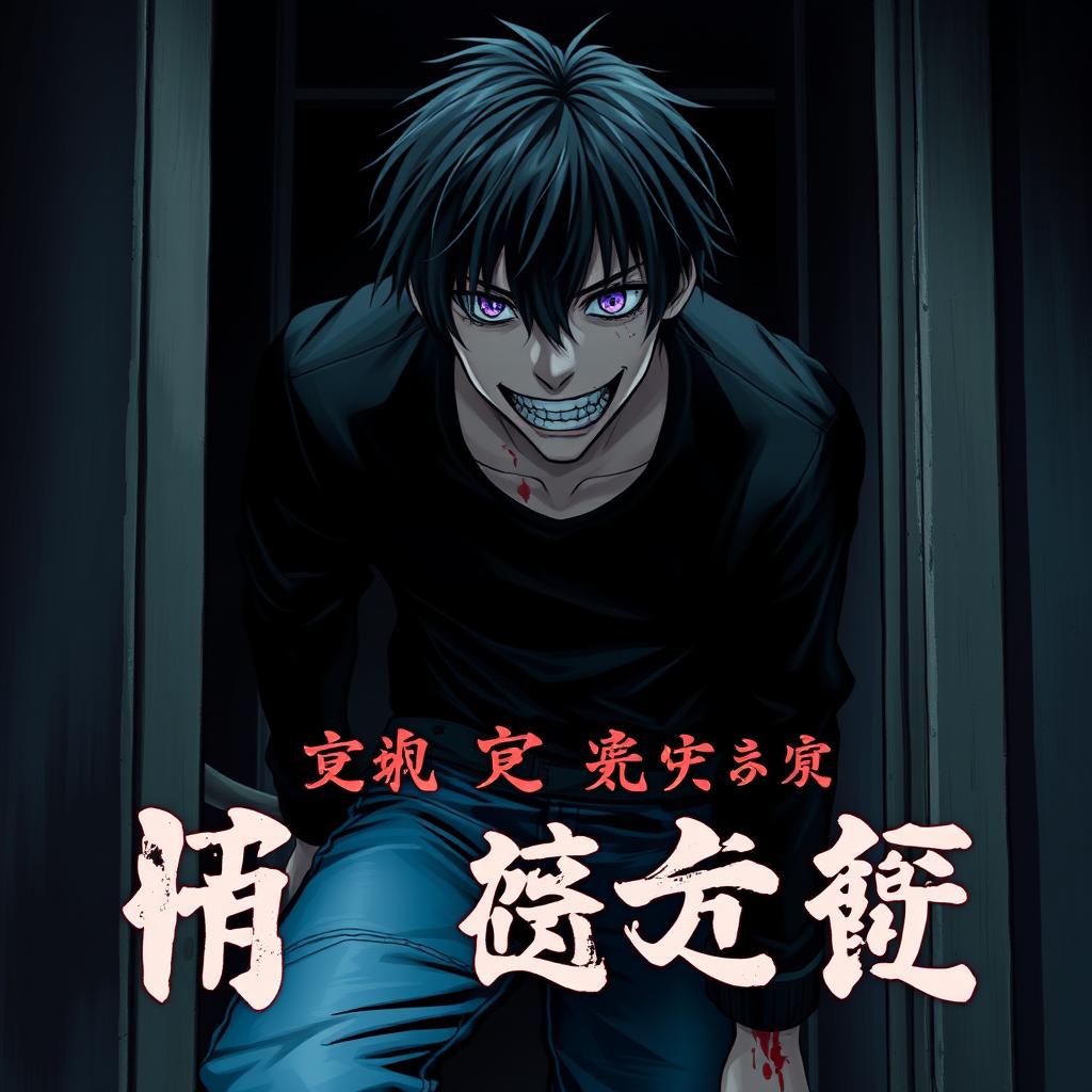 A chilling horror light novel cover featuring a male character with shaggy black hair and striking amethyst eyes