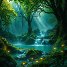 A stunning mystic scene surrounded by lush green landscapes, featuring a dense forest with towering trees, their leaves shimmering vibrantly under soft beams of light