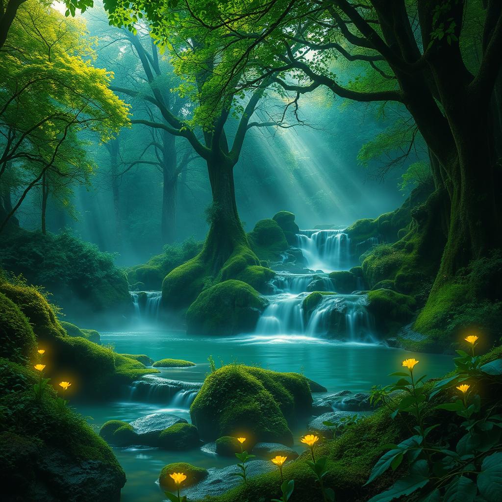 A stunning mystic scene surrounded by lush green landscapes, featuring a dense forest with towering trees, their leaves shimmering vibrantly under soft beams of light