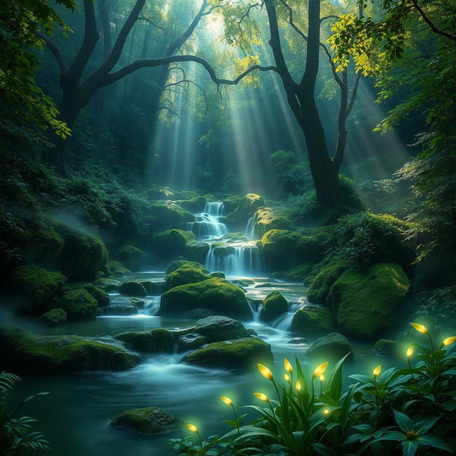 A stunning mystic scene surrounded by lush green landscapes, featuring a dense forest with towering trees, their leaves shimmering vibrantly under soft beams of light