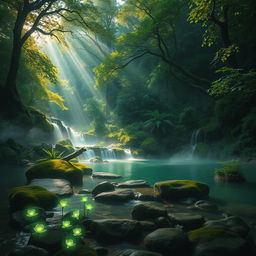 A stunning mystic scene surrounded by lush green landscapes, featuring a dense forest with towering trees, their leaves shimmering vibrantly under soft beams of light