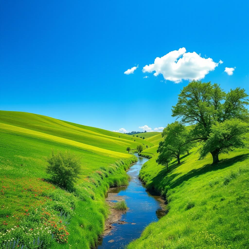 A beautiful green scenery depicting a serene countryside landscape