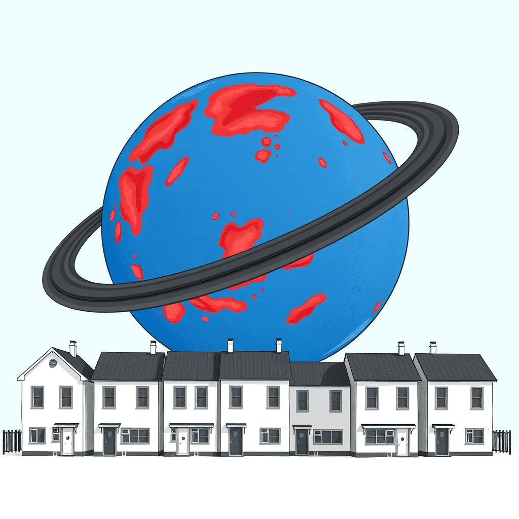 Five-storey panel houses in gray-white color standing on the ground, with a huge blue planet in the sky occupying almost the entire backdrop