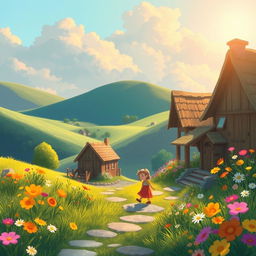 A whimsical short story set in a quaint little village surrounded by rolling hills and blooming wildflowers
