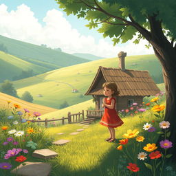 A whimsical short story set in a quaint little village surrounded by rolling hills and blooming wildflowers