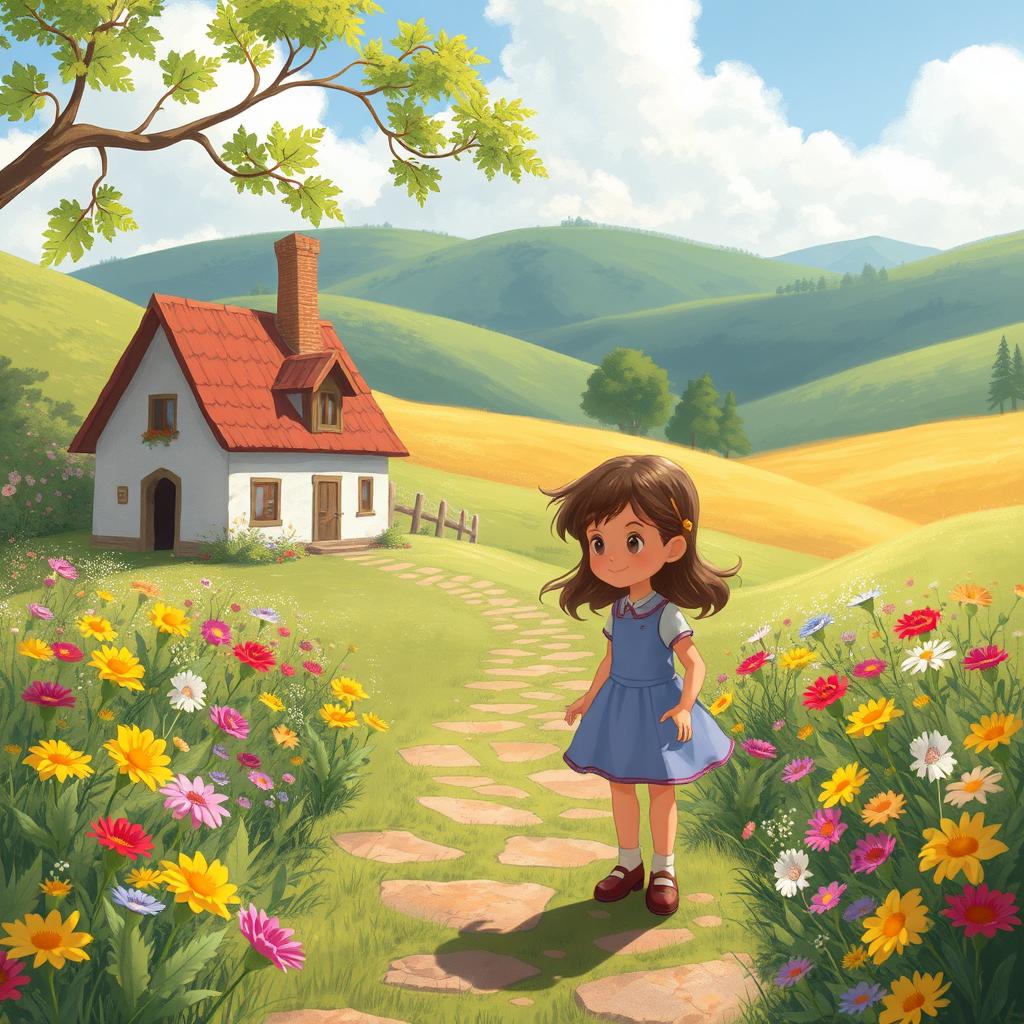 A whimsical short story set in a quaint little village surrounded by rolling hills and blooming wildflowers