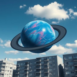 A majestic blue planet resembling Earth, with a red flame-like pattern, hangs in the sky over a landscape of gray-white five-story panel apartment buildings