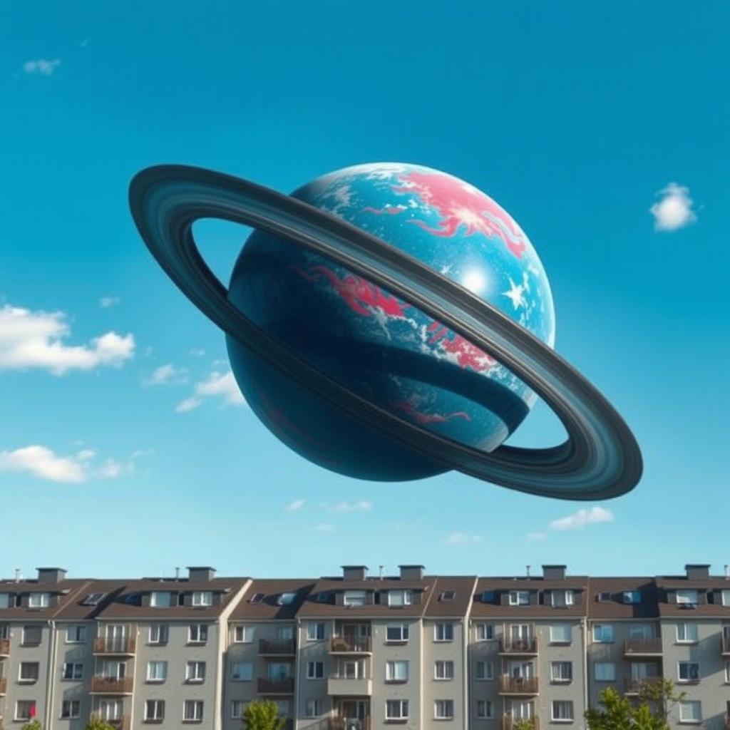 A majestic blue planet resembling Earth, with a red flame-like pattern, hangs in the sky over a landscape of gray-white five-story panel apartment buildings