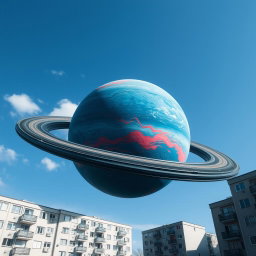A majestic blue planet resembling Earth, with a red flame-like pattern, hangs in the sky over a landscape of gray-white five-story panel apartment buildings