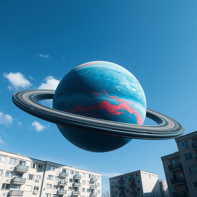 A majestic blue planet resembling Earth, with a red flame-like pattern, hangs in the sky over a landscape of gray-white five-story panel apartment buildings