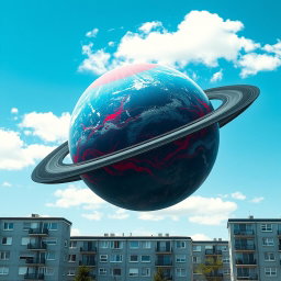 A majestic blue planet resembling Earth, with a red flame-like pattern, hangs in the sky over a landscape of gray-white five-story panel apartment buildings