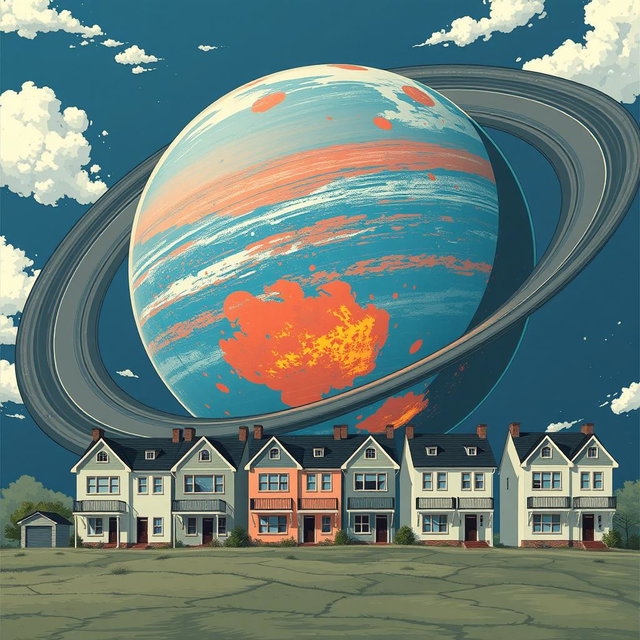A scene featuring a row of five-story panel houses in gray and white, standing on Earth