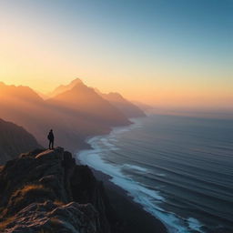 A serene landscape depicting a majestic mountain range meeting a tranquil ocean, symbolizing a powerful life lesson about balance and perspective