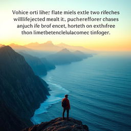 A serene landscape depicting a majestic mountain range meeting a tranquil ocean, symbolizing a powerful life lesson about balance and perspective