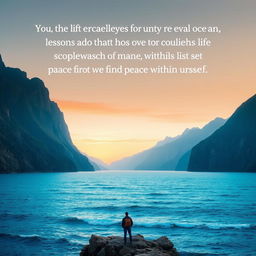 A serene landscape depicting a majestic mountain range meeting a tranquil ocean, symbolizing a powerful life lesson about balance and perspective