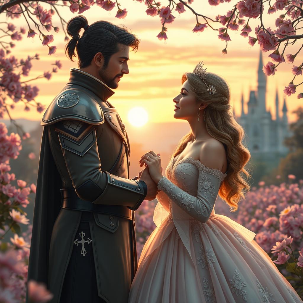 A romantic scene depicting a princess and her bodyguard in an enchanting garden at sunset