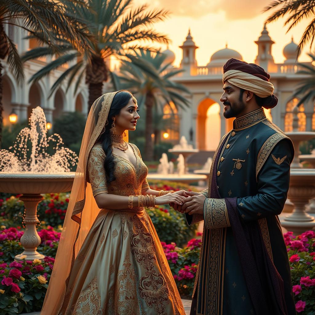 A romantic scene featuring an Arab princess and her Indian bodyguard in a lush, ornate palace garden at sunset