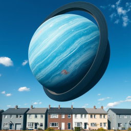 In a realistic scene, five-story panel houses in gray-white colors stand firmly on Earth beneath a bright blue sky adorned with sparse clouds