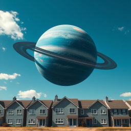 In a realistic scene, five-story panel houses in gray-white colors stand firmly on Earth beneath a bright blue sky adorned with sparse clouds