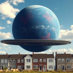 In a realistic scene, five-story panel houses in gray-white colors stand firmly on Earth beneath a bright blue sky adorned with sparse clouds