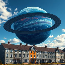 In a realistic scene, five-story panel houses in gray-white colors stand firmly on Earth beneath a bright blue sky adorned with sparse clouds