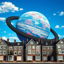 In a city landscape, five-story panel houses painted in gray and white stand firmly on the ground, framed against a bright blue sky dotted with sparse clouds