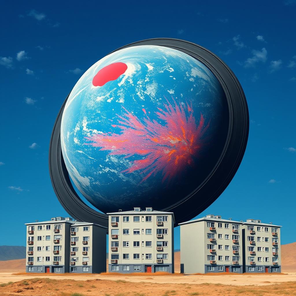 A realistic scene featuring five-story panel apartment buildings in gray-white colors standing on Earth