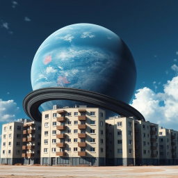 A realistic scene featuring five-story panel apartment buildings in gray-white colors standing on Earth