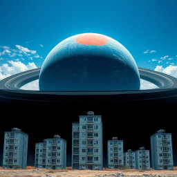 A realistic scene featuring five-story panel apartment buildings in gray-white colors standing on Earth