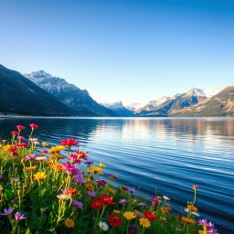 A stunning landscape featuring a serene lake surrounded by majestic snow-capped mountains under a clear blue sky