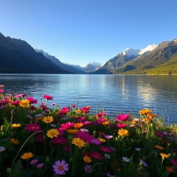 A stunning landscape featuring a serene lake surrounded by majestic snow-capped mountains under a clear blue sky