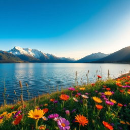 A stunning landscape featuring a serene lake surrounded by majestic snow-capped mountains under a clear blue sky