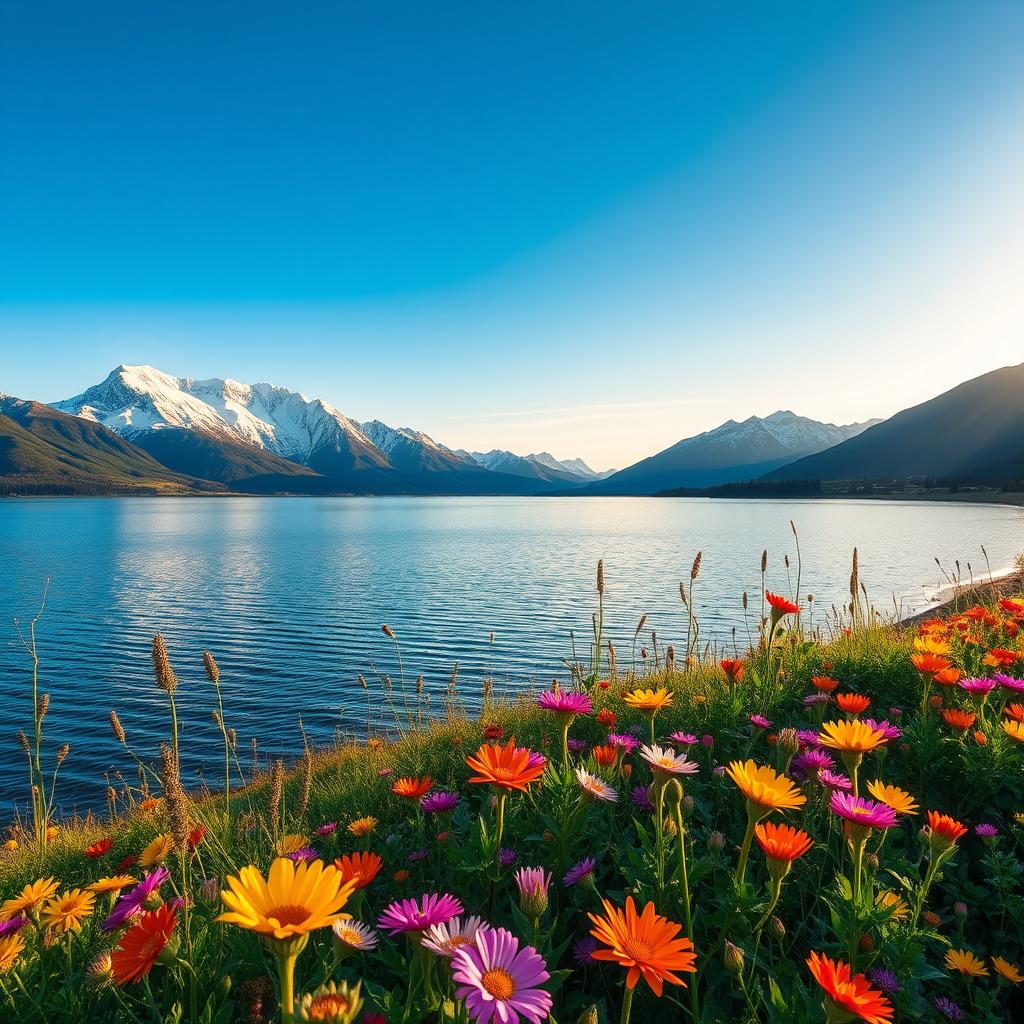 A stunning landscape featuring a serene lake surrounded by majestic snow-capped mountains under a clear blue sky