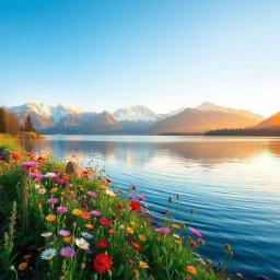 A stunning landscape featuring a serene lake surrounded by majestic snow-capped mountains under a clear blue sky
