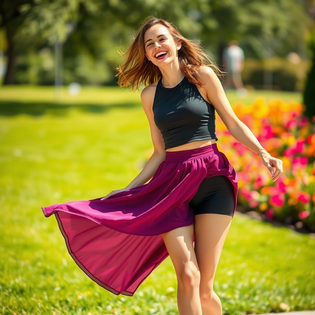 A vibrant outdoor scene featuring a stylish woman in a flowing skirt that's caught by a gentle breeze, causing it to blow up slightly