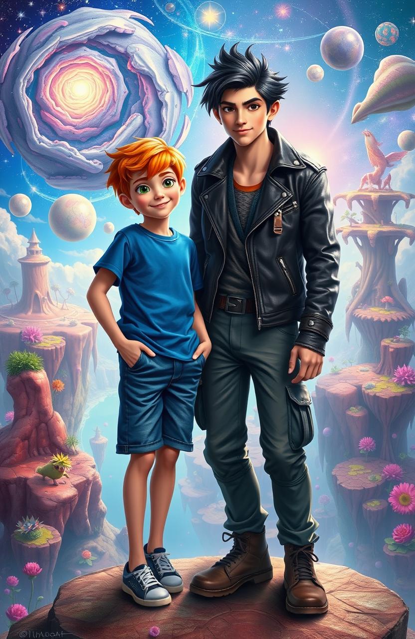 A fantastical scene depicting two versions of Jack, one a young boy with bright ginger hair and sparkling green eyes, wearing a casual blue t-shirt and denim shorts, and the other a daring teenage version of Jack, with sleek black hair and sharp features, wearing an adventurous outfit with a leather jacket and cargo pants