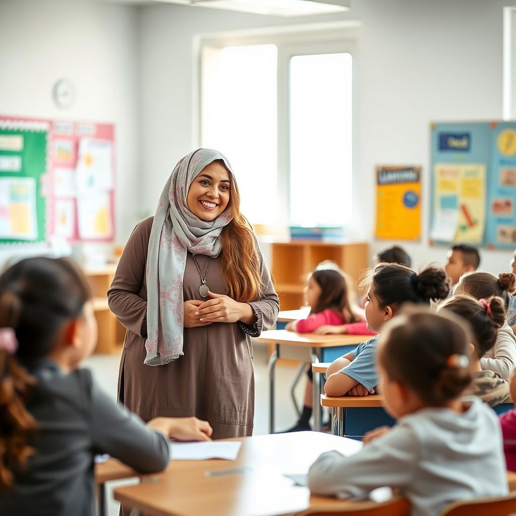 A beautiful hijab-wearing teacher standing confidently in a bright, inviting classroom